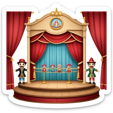 Icon for Puppet Theater: a puppet stage with curtains and marionettes performing on stage. The icon should represent the charm and artistry of puppet theater, with focus on the puppet and the stage setting. Transparent background. sticker