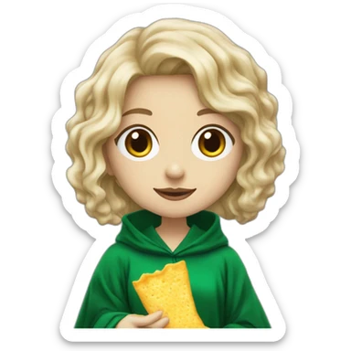 Girl Blue eyes Slytherin robe with short wavy ash blonde hair eating chips and cheese hogwarts robe sticker