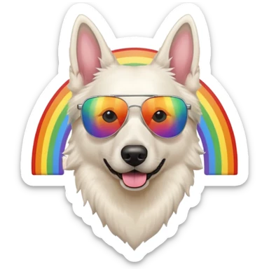 White belgian Shepard with sunglas on a rainbow sticker
