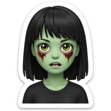 A zombie girl in Apple Memoji format with the longest, straight black hair with bangs, wearing a black shirt. sticker