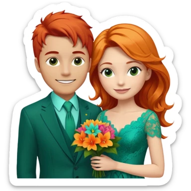  The man, with red hair, wears a dark green suit with a green tie and an orange boutonnière. The woman, with blonde hair, wears a turquoise ballgown with lace details and holds a colorful tropical bouquet. They smile at each other.  sticker