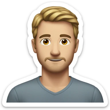 A young adult white man with a spot on his forehead. Brown eyes, medium-small hair, small mustache and beard sticker