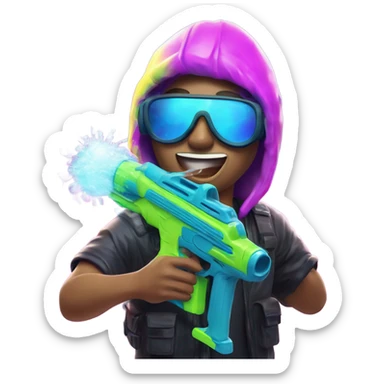 Caucasian boy in glowing rave outfit with mask, sunglasses, and headgear, shooting bubbles out of a water gun sticker