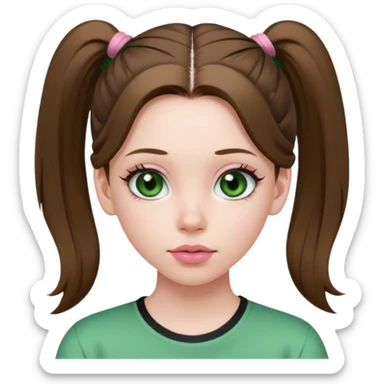 create an emoji of a young woman. She has a nice look, with long brown hair in a single ponytail with a hair tie, dark green eyes, pale skin, natural soft pink lips. she wears a green y2k top sticker
