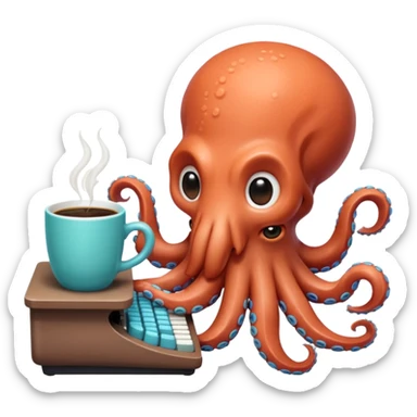 A cute chibi octopus sitting at a tiny desk, typing on a miniature keyboard with all eight arms while sipping coffee from a giant mug. Vibrant pastel colors, rounded edges, extremely expressive, sticker-style, transparent background. sticker