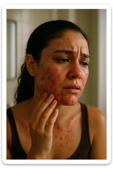 A highly realistic, cinematic portrait of a young woman in her late 20s with medium skin tone, showing visibly inflamed, deep cystic acne along her jawline, cheeks, and chin. Her skin appears red and irritated around the acne nodules, with noticeable swelling and tenderness, illustrating the painful nature of cystic acne linked to PCOS. Her facial expression shows discomfort and emotional distress, with slightly teary eyes as she gently touches an inflamed area on her jawline with her fingertips. Her hair is pulled back to clearly show the acne areas, and her skin has a slightly oily texture due to androgen-related sebum overproduction. The environment is a softly lit bathroom with neutral daylight, emphasizing the skin texture, redness, and deep acne. The style is realistic, 35mm cinematic photography with warm, neutral tones, soft shadows, and clear skin detail, providing a compassionate yet direct visualization of PCOS-related cystic acne sticker