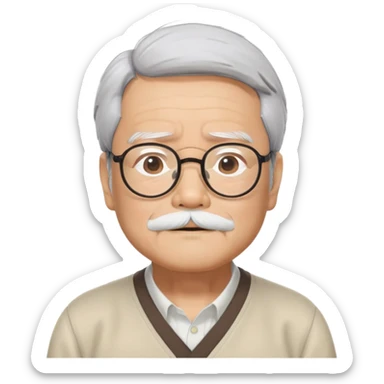 _cinematic-realistic-portrait-of-hayao-miyazaki,-depicted-with--large-rectangular-glasses,-his-happy-expression-rendered-in-lifelike-detail,-illuminated-with-soft,-realistic-lighting-that-emphasizes-his-creative-genius, his eyes shut  and big bushy black eyebrows sticker