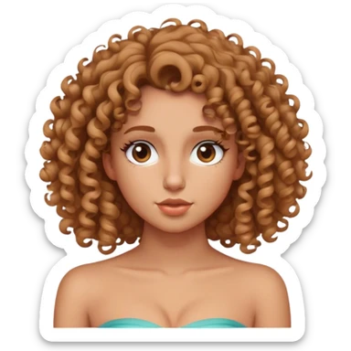 menina de cabelo cacheado abaixo do busto com nariz fino e empinado com uma blusa tomara que caia sticker