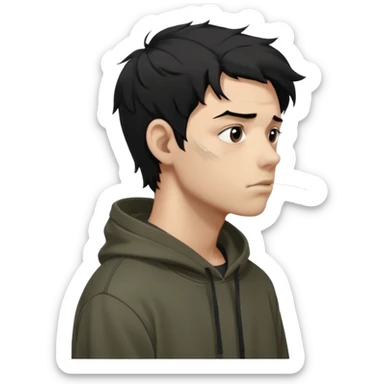 A dark anime-style illustration of a young man in side profile, facing left, with messy black hair tied loosely, sharp jawline and tired eyes. He wears an oversized dark hoodie with muted earthy tones. His expression is calm but emotionally heavy, showing silent pain and inner conflict.

 sticker