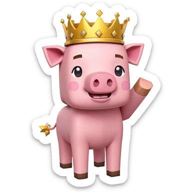 Minecraft pig full body pink blocky animal with square head wearing a crown sticker