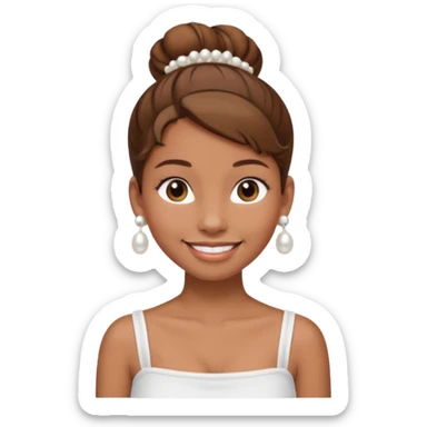 Light brown skin girl, brown hair in bun, smiling, white tube top, pearl earrings sticker