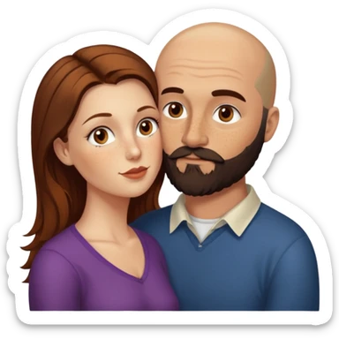 Couple. Bald man with dark brown-black beard. White woman with many small, faded freckles, she has white skin and she has auburn-brown-cinnamon, dark long hair. She has light brown eyes. The man have hazel eyes. Retro style. She kisses him on the cheek. sticker