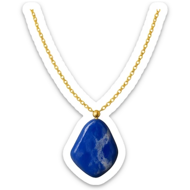 delicate gold chain necklace with an irregular polished deep blue stone, natural white and gray marbled patterns, asymmetrical shape, small metallic bead, raw yet refined earthy elegance sticker