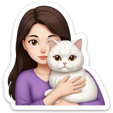 Brunette girl snuggling white Persian cat sticker