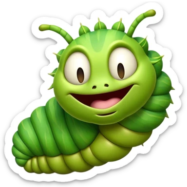 Cinematic Realistic Cute Yawning Caterpillar Portrait Emoji, Head tilted slightly with a dramatic, wide-open yawn, showcasing a soft, downy segmented body in vivid green with subtle drooping and half-closed, drowsy eyes, rendered with intricate natural texture and gentle shadows, high shine, relaxed yet expressive, styled with a dash of woodland charm, soft glowing outline, capturing the essence of a sleepy yet affectionate caterpillar that appears ready to stretch out and rest among the leaves! sticker