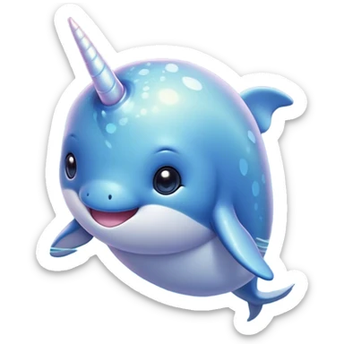 Cinematic Cute Cute Narwhal Portrait Emoji, Head tilted playfully and inquisitively, featuring a charming, sleek body with softly iridescent skin, a prominently spiraled tusk and large, twinkling eyes full of gentle wonder, Simplified yet irresistibly adorable features, highly detailed, glowing with a warm, inviting ocean glow, high shine, affectionate and lively, stylized with a touch of magical sea whimsy, soft glowing outline, capturing the essence of a mischievous yet endearing cute narwhal that seems as if it could frolic out of the screen into your heart! sticker