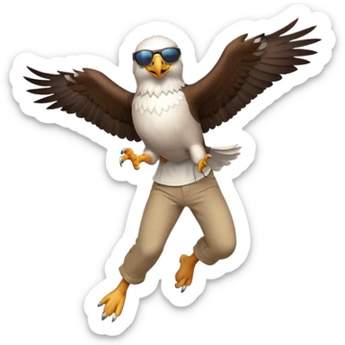 friendly anthropomorphised male eagle in a shirt and pants with sunglasses leaping energetic pose sticker