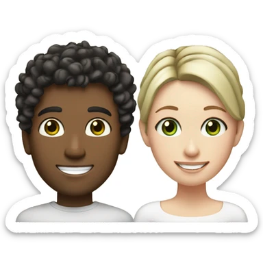 Hispanic male with black curly hair and brown eyes smiling next to white female with straight brown hair and green eyes sticker
