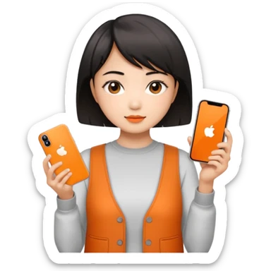 Asian girl with short hair girl holding iphone 17 pro orange sticker