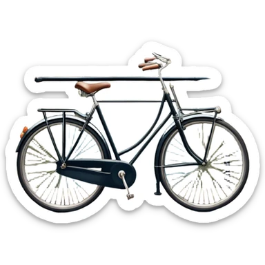 Cinematic Realistic image of a classic Dutch bicycle, rendered with sleek design details and finely textured components, set against an urban canal scene with soft, diffused daylight sticker