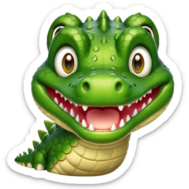 Cinematic Realistic Cute Crocodile Portrait Emoji, Head tilted playfully and inquisitively, featuring a robust, well-defined build with intricately detailed, glossy olive-green scales and a surprisingly endearing face with round, sparkling eyes full of unexpected charm, rendered with lifelike texture and natural highlights, high shine, affectionate and spirited, styled with a touch of wild whimsy, soft glowing outline, capturing the essence of a mischievous yet lovable crocodile that seems poised to snap playfully out of the screen into your arms! sticker