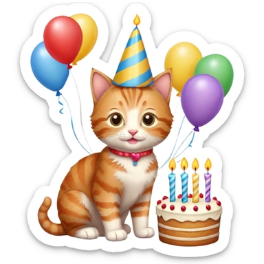 Ginger tabby kitten celebrates birthday, birthday hat, birthday cake, one candle, balloons, happy, gifts sticker