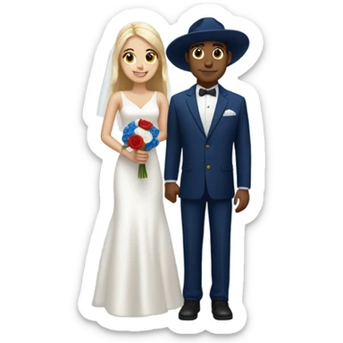 Puerto rican beard short hair with blue hat and navy blue suit getting Married with blond long hair girl with white  wedding dress  sticker