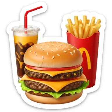 i want a Cheeseburger and Fries with a angle to 15–20° gentle bird’s-eye angle with a cold drink with ice cube with straw with some fries thicker like McDonald's french fries sticker