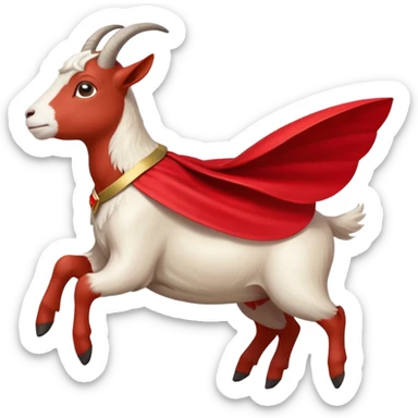 side view of white female goat wearing a read cape like superman sticker