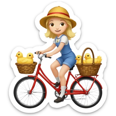 A flat toon cartoon girl riding a bicycle with a basket full of baby chicks, 1:1 square ratio. sticker