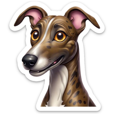 Cinematic Comical Brindle Greyhound Portrait Emoji, Head tilted dramatically with an exaggeratedly amused expression, featuring a striking brindle Fur with bold patterns, wide, expressive eyes filled with playful disbelief, Simplified yet hilariously expressive features, highly detailed, glowing with a slightly sassy glow, high shine, dramatic yet playful, stylized with an air of cheeky mischief, bright and endearing, soft glowing outline, capturing the essence of a spirited and over-the-top racer, so meme-worthy it feels like it could side-eye its way into internet fame instantly! sticker