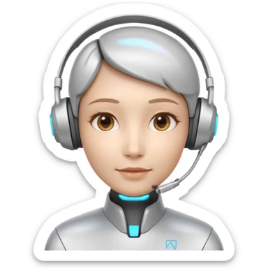 AI Call Agent holo-human-like Cyber AI face, warm, calm and friendly. Holographic look.Soft AI face with a listening, welcoming expression, minimal facial lines, calm eyes. Light headset. sticker