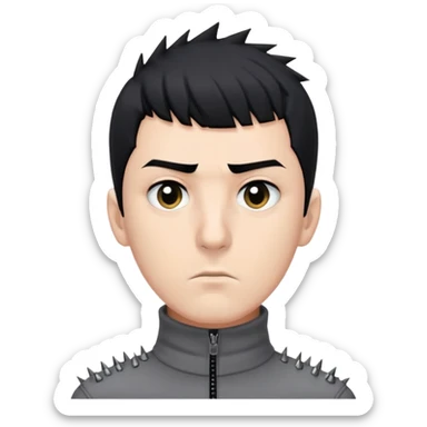 Es hombre, tiene piel clara, pupilas de color negro. Ojos rasgados, nariz tipo botoncito y pequeña. Cabello negro con varios picos y flequillo que cubra su frente. Además de que este serio. Utilizando una camisa gris de cuello alto, cerrada y cierre negro. sticker