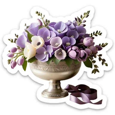 A carefully arranged bouquet of soft purple sweet peas, blush-toned lilacs, and ivory-tipped anemones, tied with a hand-dyed mauve ribbon, rests inside a tarnished silver bowl with intricate engravings. The subtle shimmer of the pearl-colored floral lace wrapped around the stems contrasts beautifully with the deep, velvety petals, evoking a sense of quiet, vintage romance.
 sticker