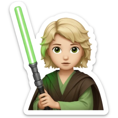 Young jedi with sandy blonde wavy short hair holding a green light saber, he has dark brown eyes sticker