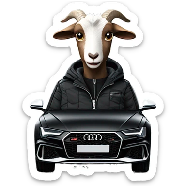 goat in black puffy jacket driving black 2023 Audi RS6 sticker