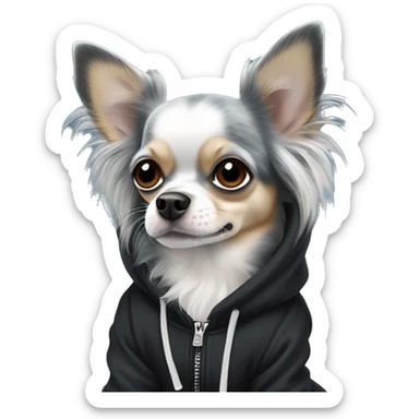 Realistic blue Merle grey long hair chihuahua dog in a black hoody sticker