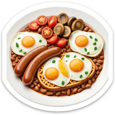 English Breakfast Cinematic Realistic English Breakfast Dish Emoji, depicted as a hearty plate featuring 2 sizzling sausages, a central serving of baked beans, 2 perfectly fried eggs, 2 sliced grilled tomatoes, 2 grilled mushrooms, and a triangle-shaped hash brown, rendered with vivid textures and warm, inviting lighting. sticker