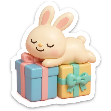bunny lying on birthday gifts, sleepy and happy smile eyes, vinyl figure style sticker
