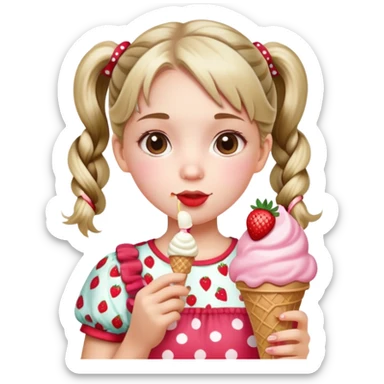 A cute girl with pigtails, wearing a strawberry-patterned top, holding an ice cream. sticker