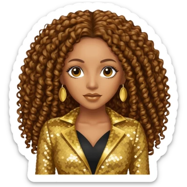 Melanie Brown with brown long curly hair, gold outfit sticker