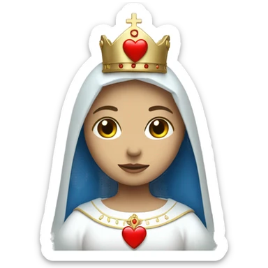 holy mary with a crown, blue veil, white clothes, white skin, holding a red heart in her hands sticker