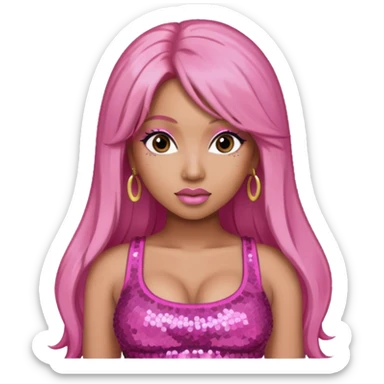 Nicki Minaj with long pink hair, pink sequin crop top, dark brown eye sticker