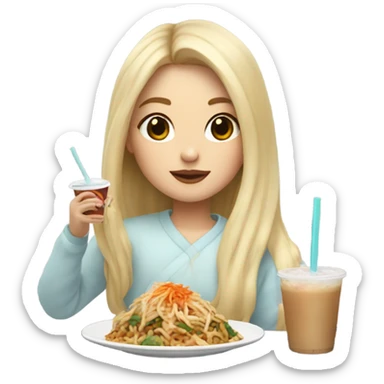  Blonde long hair girl eating Korean food and drinking boba sticker