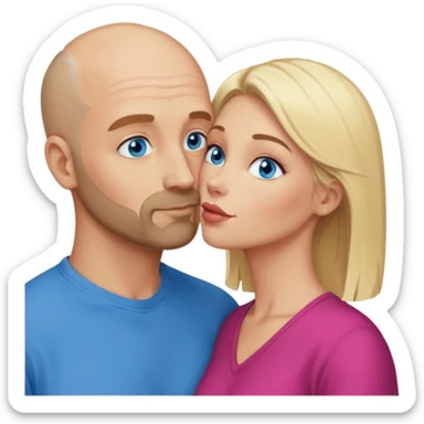 middle age bald man with scruff, blue eyes a.  Kissing blonde woman with blue eyes sticker