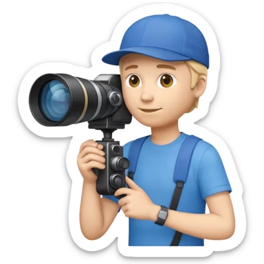3D emoji-style icon of a photographer in side profile, wearing a blue cap backwards and a blue t-shirt, holding a professional camera with a long telephoto lens sticker
