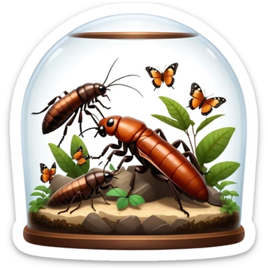 Close-up of giant Madagascar hissing cockroaches, butterflies, and stick insects inside a terrarium, with detailed textures of their bodies, wings, and legs. Soft lighting highlights their features. Transparent background. sticker