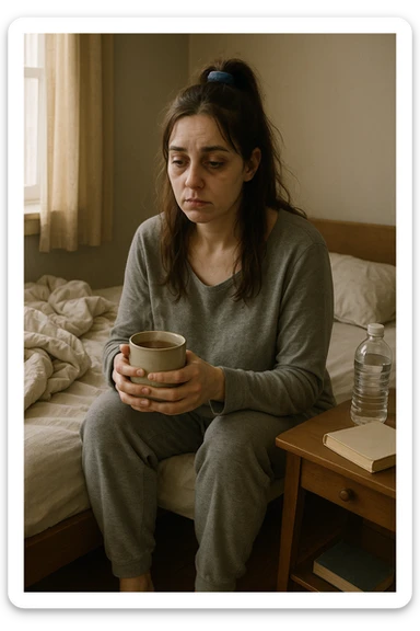 A realistic, cinematic illustration of a woman in her early 30s with a tired, pale appearance, sitting on the edge of her bed in a softly lit bedroom during the morning, looking exhausted and drained. Her posture is slightly slouched, and dark circles are visible under her eyes. She wears comfortable loungewear, holding a warm cup of herbal tea in her hands, seeking comfort. The scene includes a cozy yet slightly messy room with a blanket, a water bottle, and a book on the nightstand, emphasizing chronic fatigue. Soft natural light comes through the window, highlighting her expression of persistent tiredness despite rest, capturing the invisible struggle of chronic fatigue syndrome while maintaining dignity and a gentle aesthetic. sticker
