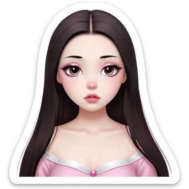 girl with white skin, dark brown long realistic straight hair with middle part prominently falling in front of her body over her shoulders, very big pouty extra shiny lips with absolutely no cupid's bow, big round shiny eyes with black eyeballs and huge eyelashes, no eyeshadow, pink blush on cheeks, lighter button nose, very long oval-shaped face, wearing a pink off-shoulder top, looking directly at camera with hands down at sides sticker