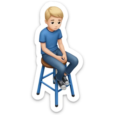 Generate a photorealistic image of a boy sitting on a stool. The scene is captured from a top-down perspective (bird's-eye view), looking directly down from above his head towards his feet. The background should be simple and clean. sticker